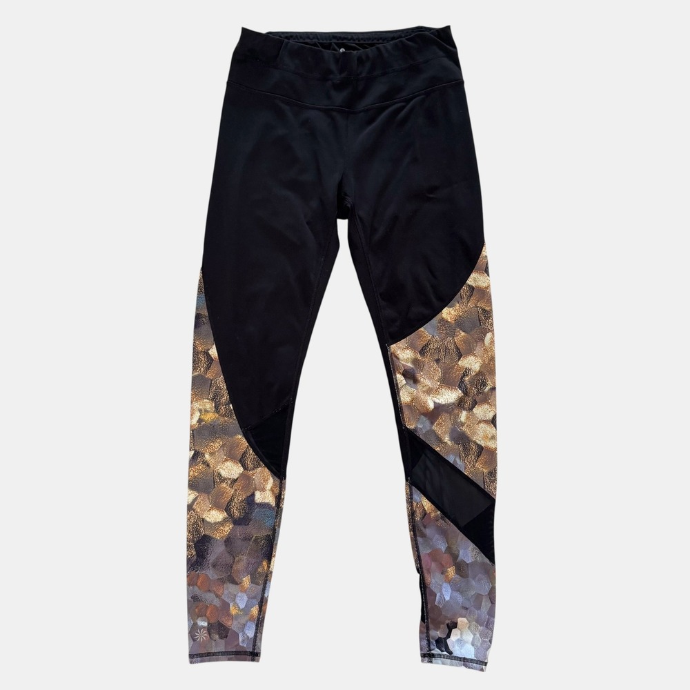 Athleta Asym mesh sonar tight mosaic printed leggings Women's Sz Small Pocket